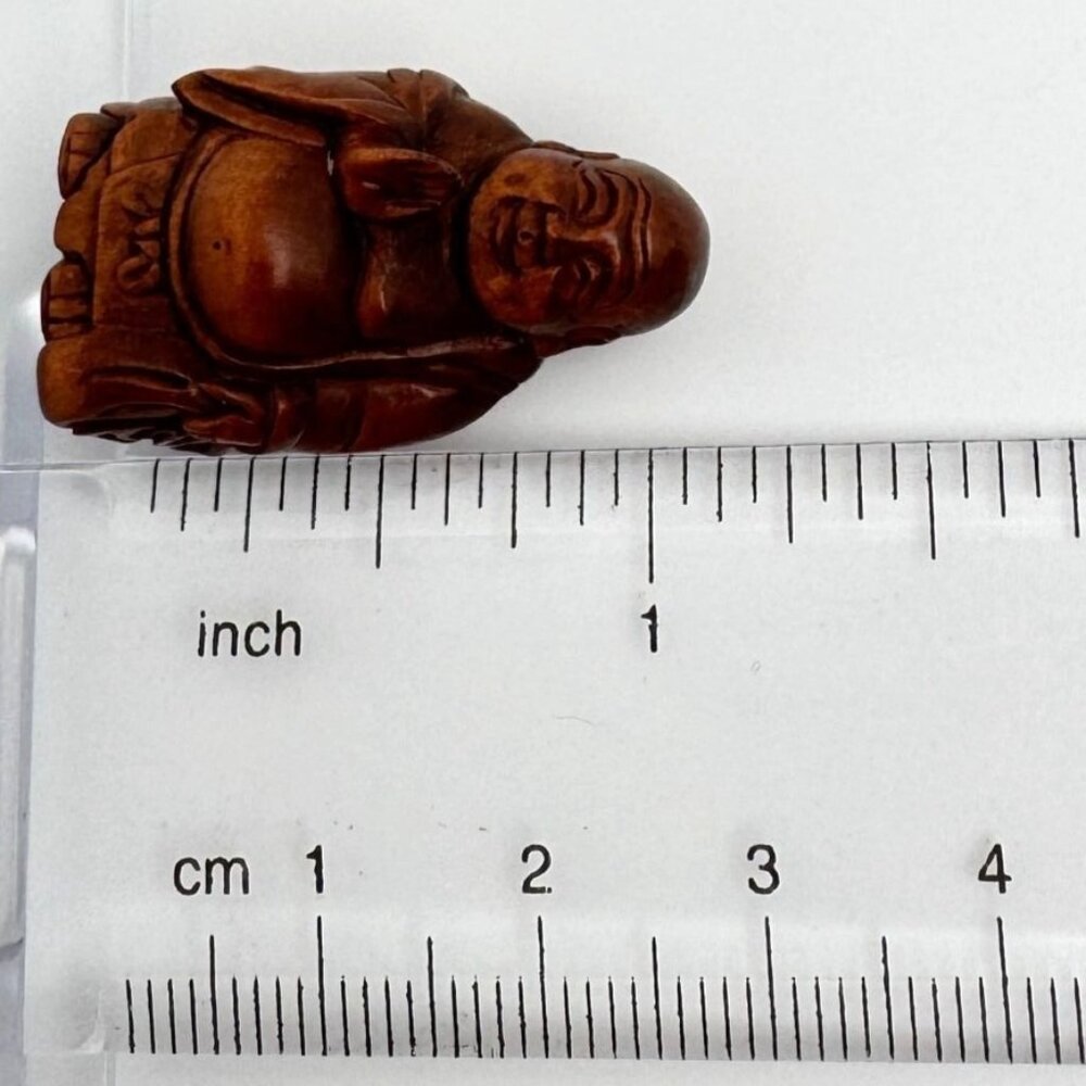 Ojime Bead Netsuke HandCarved Hotei Buddha Holding upHand Boxwood Signed No Hole - Picture 4 of 8